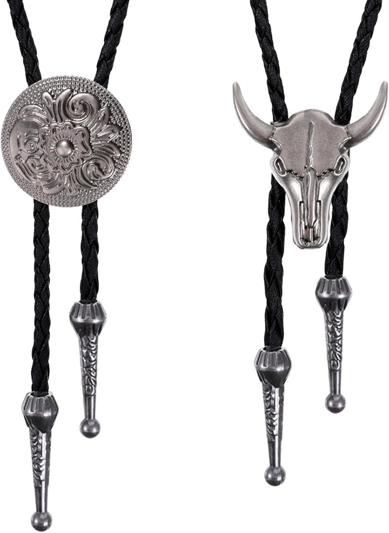 ElevateTech 2 Pcs Bolo Tie for Men, Western Cowboy Tie Necklace Handmade Leather Necktie Retro Style Bolo Ties for Women - Image 2